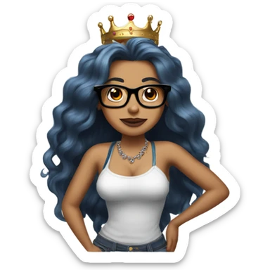 Pinupx long length hair. Wears a crown and tattoos and glasses sticker