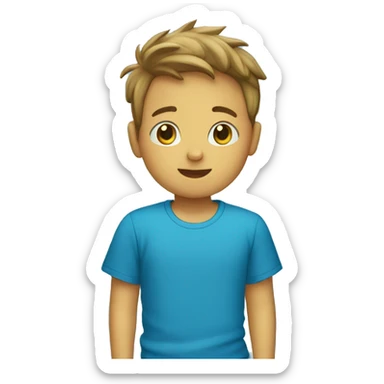 A boy with a curtain and a blue T-shirt sticker