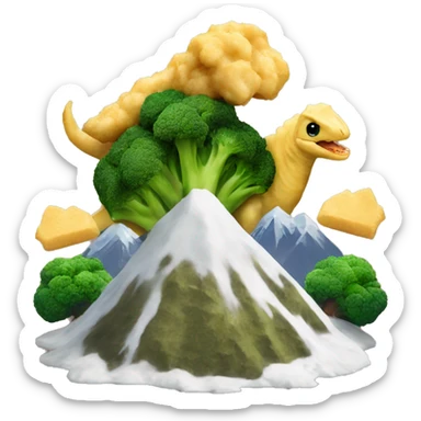 Dinosaur shaped nuggets with mountain of mashed potatoes with broccoli trees sticker