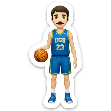 Full Body  white male basketball player with short shaggy dark hair and gold tee mustache wearing blue and green uniform sticker