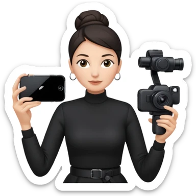 middle aged woman photographer with dark hair, slicked back in a bun, wearing black clothes, carrying a canon r5 and an iPhone on a gimbal sticker