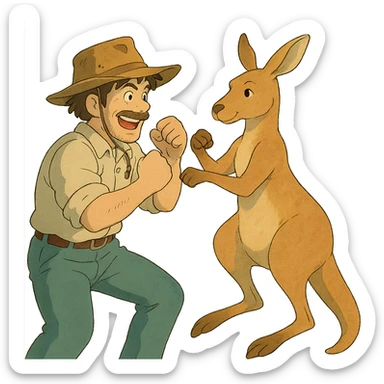 ghibli style illustration of a man with an Australian hat in a playful fight with a kangaroo sticker