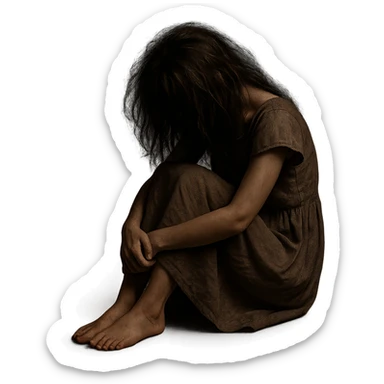 a girl in a simple dress, sitting barefoot with her back hunched and head lowered, messy hair covering her face, expressing sadness, dim, moody lighting, soft shadows, minimal blurred background sticker