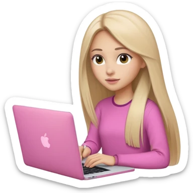 Chica lacia peli larga en una MacBook rosa investigando y haciendo tareas con un libro de apuntes y con cara muy linda como modelo sticker