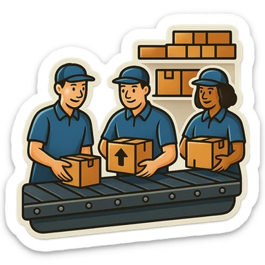 Картинка конвейерной ленты, по ней едут коробки, люди сортируют коробки в разные стороны, не обрезай края обводки sticker