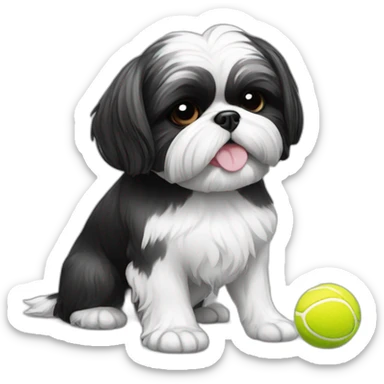 shih tzu dog black and white holding a tennis ball in mouth sticker