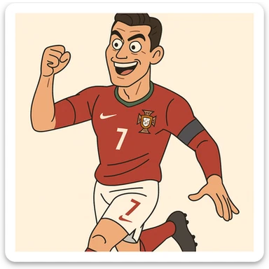 Cristiano Ronaldo, cartoon style, exaggerated features, football uniform, dynamic pose, cheerful expression sticker
