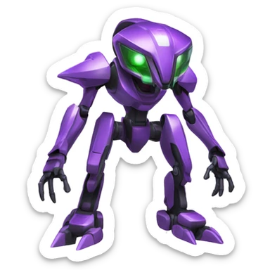 a shiny black-green-purple Genesect-Raptor-Fakémon-Medabot-hybrid with a futuristic visor-helmet full body sticker