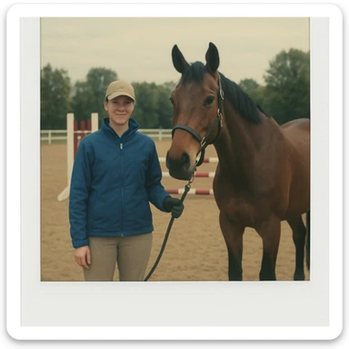 polaroid-style photo of a person standing next to a horse on a horse course, wearing a blue jacket, classic polaroid white frame, slightly vintage faded photo effect sticker