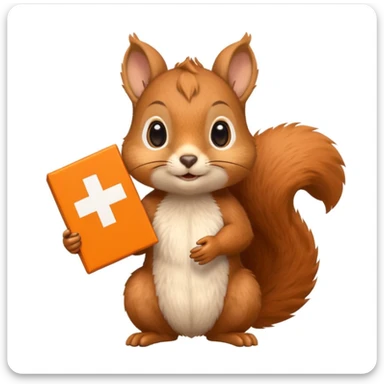 a squirrel holding an orange gift box in one hand and a Swiss flag in the other, both objects clearly visible, simple white background, the gift is a different color from the flag sticker
