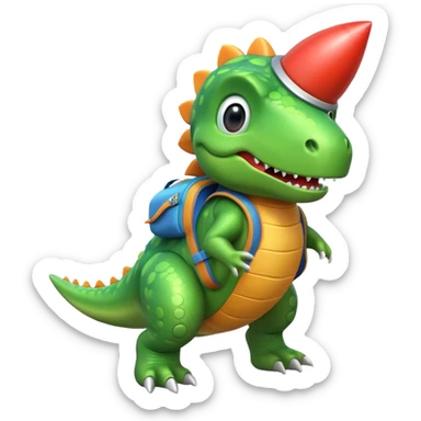 cute toy-like rocket-propelled dinosaur, rounded shapes, glossy texture, colorful rocket backpack, happy expression, 3D cartoon, mobile game icon style, clean background, no text, no watermark
 sticker
