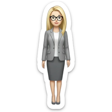 full height pale skin woman with cold blonde straight hair, care haircut, White blouse, Gray oversize jacket, Gray skirt and glasses in a thin rim holding a color palette in the hands sticker
