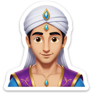 Cinematic Realistic Aladdin Portrait, head tilted playfully and inquisitively, showcasing his roguish charm and bright, mischievous eyes. His signature attire is rendered in exquisite detail with dynamic natural highlights, and a hint of magic sparkles about him—embodying a youthful, adventurous energy with friendly power. sticker