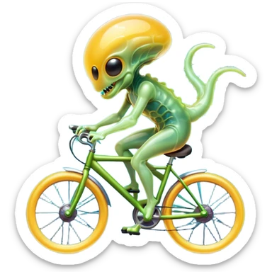 jelly alien riding a bicycle, translucent gelatin body, glowing core inside, wobbly fun movement, cute sci-fi creature, 3D cartoon, mobile game icon style, clean background, no text, no watermark
 sticker