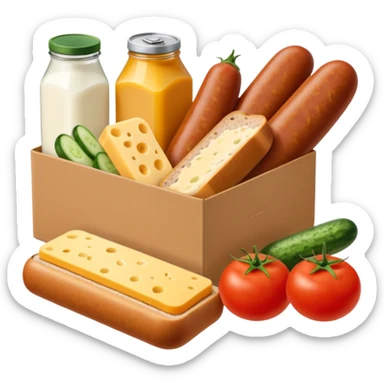 a box of groceries, sausage, cheese, canned meat, herbs, milk, tomatoes, cucumbers, and a loaf of bread sticker