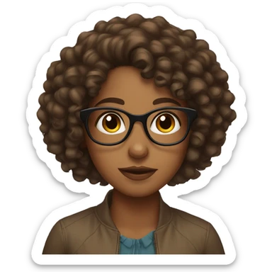 A brown girl with curly hair, brown eyes an glasses sticker