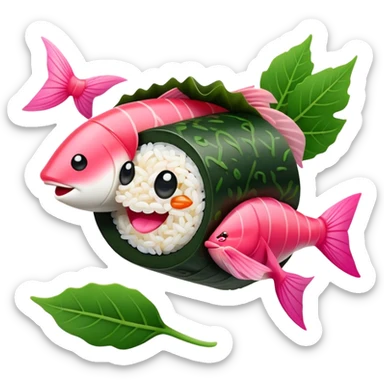 Cute Kawaii Maki Sushi Roll, small and round, wrapped in soft dark green seaweed, tiny grains of rice peeking out, a bright pink fish filling, a cheerful smiling face! sticker