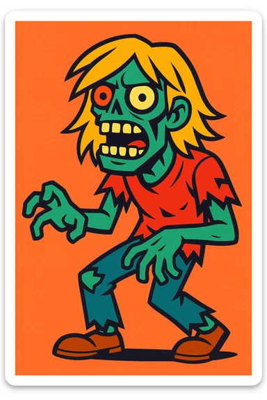 stylized zombie character young man long blond hair exposed teeth torn clothes vibrant comic style sticker