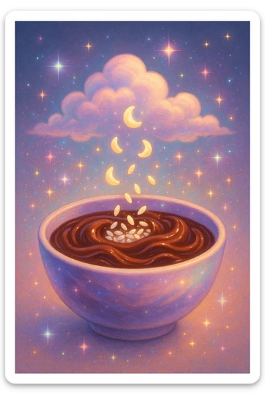 surreal champorado emoji with bowl morphing into clouds, chocolate waves, rice grains turning into tiny moons, magical atmosphere sticker