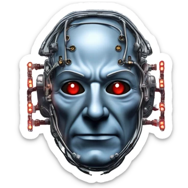 Jean luc picard from Star Trek assimilated by the Borg, with mechanical metal covering the left side of his face, with wires and a red light on the left side. Both his eyes are blue. sticker