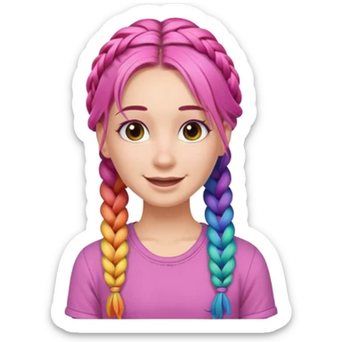 Woman with braided rainbow hair, happy — long braids, pink shirt sticker