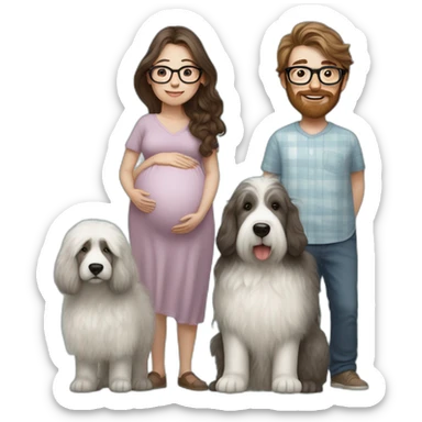 Hyperrealist pregnant girl with half long brown hair with glasses, a boy with long beard, glasses and short hair and english sheepdog sticker