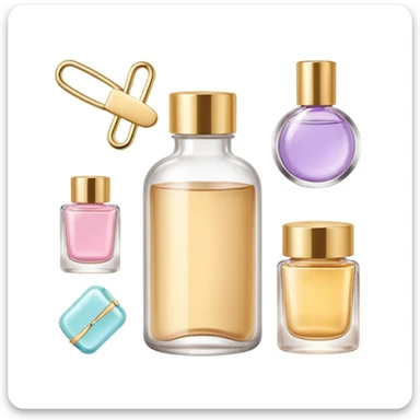 clean girl aesthetic emoji, skincare bottle, hair clip, gold jewelry arranged neatly, soft pastel background sticker