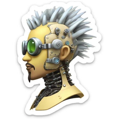Pastel light yellow Mohawk cyborg head with silver steampunk goggles, goatee and circuits sticker