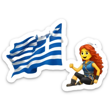 a red hair female mountaineer summitting with greek flag sticker