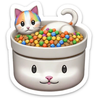 in the style of pixel art, make a cat pet food bowl for a cat. In the bowl is white cat food which is piled so high on top of the bowl. There are small pieces of rainbow food in the bowl too. there is only food in the bowl sticker