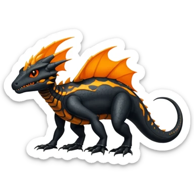 Magmatic fiery badass cool obsidian-Black and golden-orange Helioptile-Amaura-Salandit-Fakémon-hybrid-creature (full body)  sticker