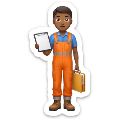 Indian male railway engineer orange overalls, boots holding a clipboard view from rear sticker