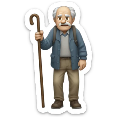 Old man leaning on a walking cane and holding his back with his hand grumpy face, detailed sticker