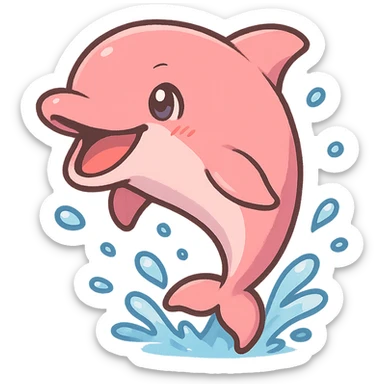 cheerful pink dolphin leaping with water droplets, wide grin, anime style, transparent background, 128x128 pixels sticker
