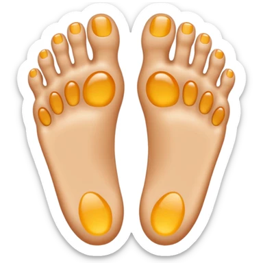 two feet, soles showing, five toes on each foot, shiny, perfectly orthopedic shape, emoji style, natural skin color, no yellow gel sticker