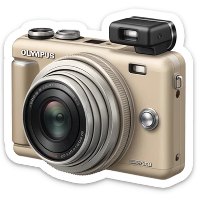 Ultra minimal Olympus Superzoom 70G camera, grayish-beige color, just basic rectangular shape with a tiny circle for lens, absolute minimum details sticker