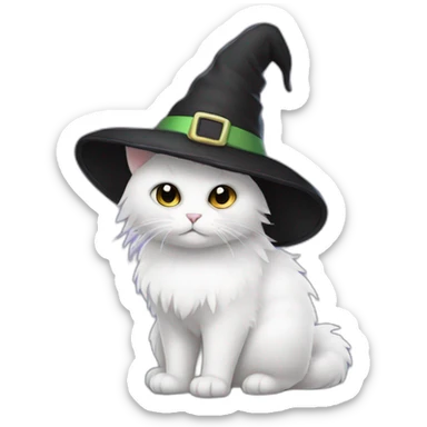 White fluffy cat with black cone witch hat sticker