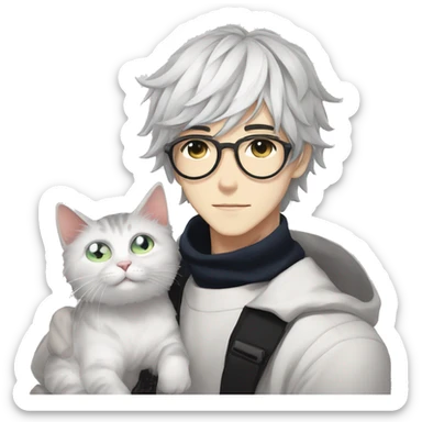 Cool Anime Cute Guy With Glasses With Cat, White Hair, Black Eyes sticker