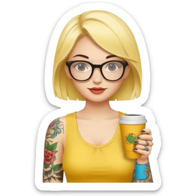 gözlük takan, dövmeli ve elinde kahve tutan, yaz kıyafetli bir kadın. kıyafeti sarı olsun sticker