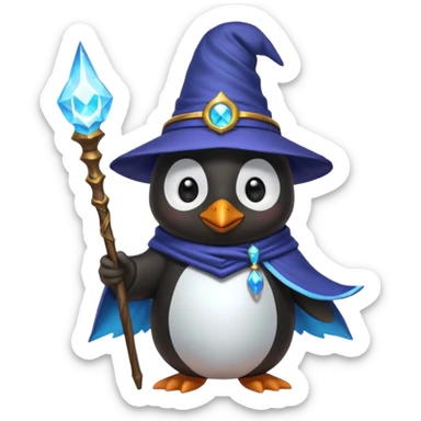 A penguin wizard with a magical aura and a wand sticker