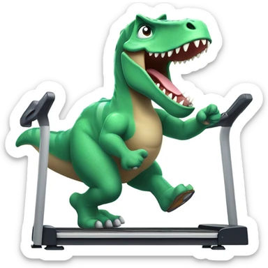 dinosaur runs on a treadmill and shows a thumbs up sticker