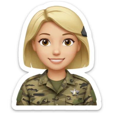 Apple-style emoji: female soldier, bust, no cap/helmet, friendly smile, generic camo top, blonde hair black color sticker