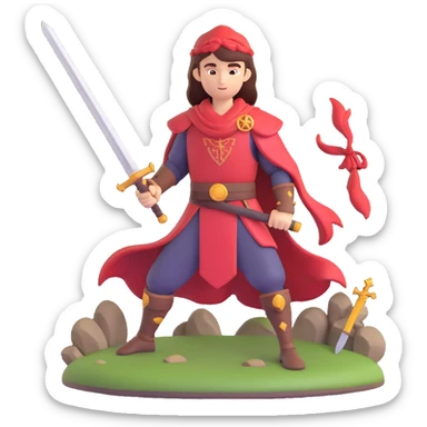 fast-paced combat scene, character wielding a sword, mythological symbols, bold colors, inspired by Hades sticker