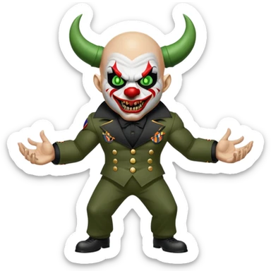 evil clown, bald, short black devil horns on forehead, fangs, pointed ears, black and military green leisure suit, realistically proportioned, bulky and muscular, full body, battle-ready, fighting posture sticker