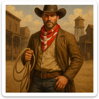 Danish cowboy holding a lasso with a red and white bandana in a western background sticker