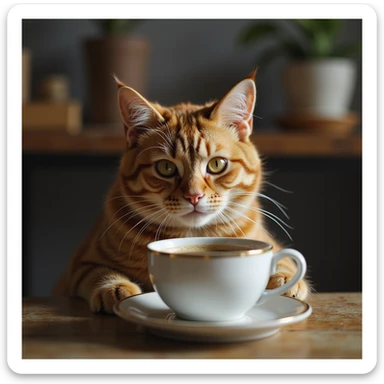 realistic cat drinking a cup of coffee, cozy atmosphere sticker