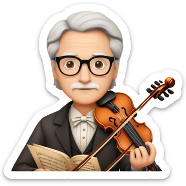 Professor with glasses writes violin sheet music on an old paper sticker