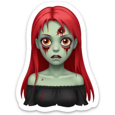 Garota zumbi com cabelo liso longo e mechas vermelhas na lateral da cabeça dos dois lados, usando uma blusa com manga caida preta sticker