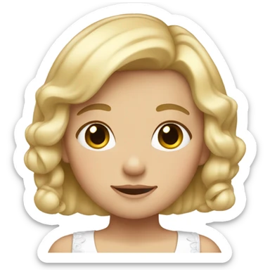A short girl with short blonde hair and a white bow sticker