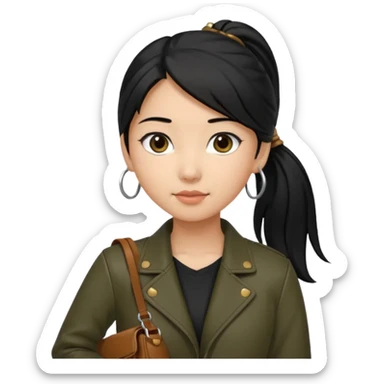 A girl with a pony tail black hair and olive ish skin, Asian eyes, with a black jacket and a brown purse  sticker